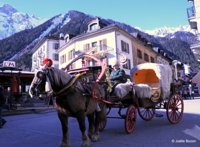 Chamonix Mont Blanc winter with horse-drawn carriage
